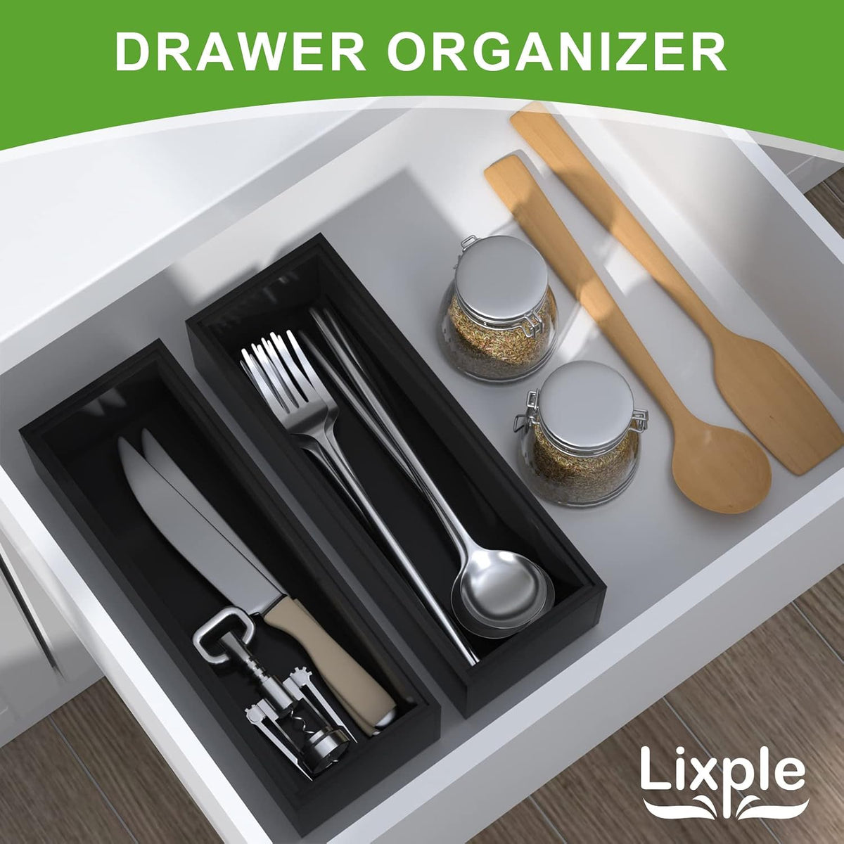 Lixple Bamboo Kitchen Drawer Organizer, 2 Pack, 9" x 3" x 2", Black