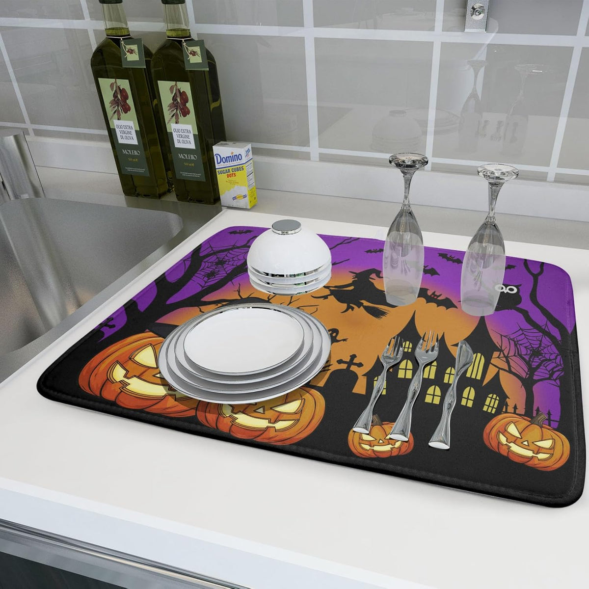 Happy Halloween Pumpkin Dish Drying Mat for Kitchen Counter,Witch Ghost Castle Bat Purple Drying Mat 18 x 24 Inch with High Absorbent Microfiber Drainer Mat for Coffee Bar