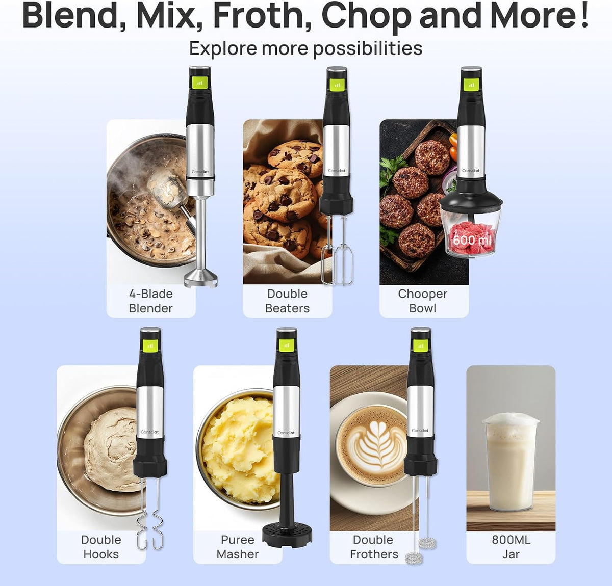 Consciot 7-in-1 Immersion Blender Handheld Max 1100W, Trigger Speed Control | Stick Emulsifier with Entire Stainless Steel Blender Shaft, 800ml Beaker, 600ml Chopper, Beaters, Frothers, Hooks &amp; Masher
