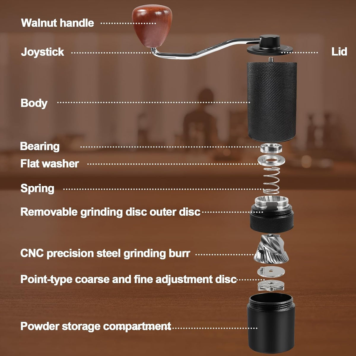 Manual Coffee Grinder Gift Box Detachable Stainless Steel Conical Burr Aluminum Coffee Bean Grinder with 25 Grinding Settings Cleaning Brush Grindable Espresso Moka Pot for Camping Black
