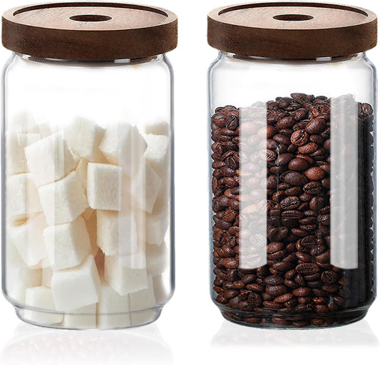 Glass Jars with Airtight Wood Lids - 25 oz Small Kitchen and Pantry Storage Containers, Canisters for Chia Seed, Ground