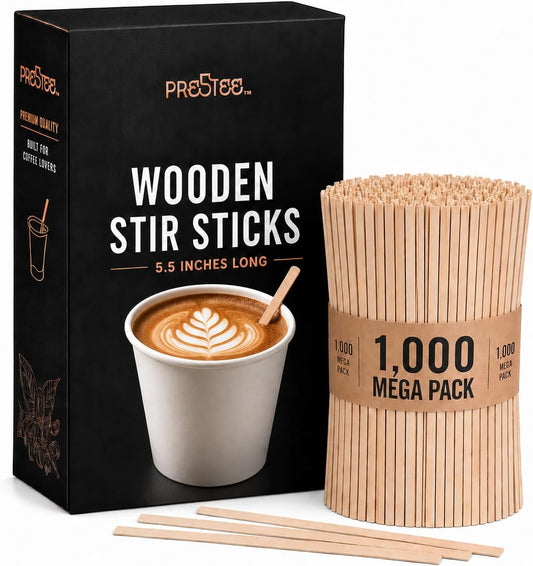 1000 Wooden Coffee Stirrer by Prestee - Disposable 5.5 inches Long Wooden Stir Sticks for Coffee and Cocktails - Smooth, Splinter-Free Beverage Mixers - Ideal for Cafe, Bars and Drink Stations