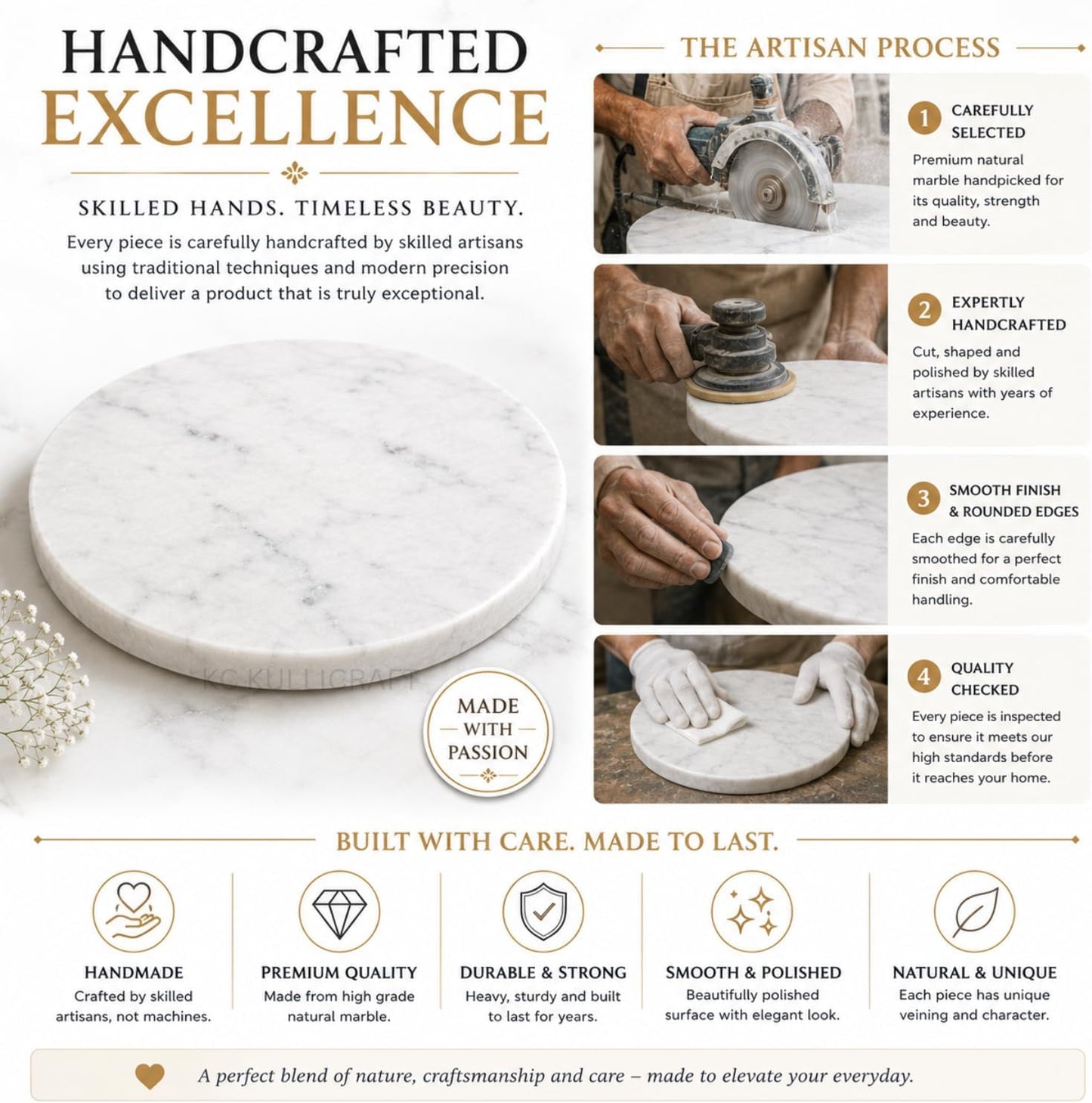 11-Inch Round Marble Cheese Cutting Board, White | Solid Natural Stone, Cutting Board &amp; Charcuterie Serving Tray, Non-Slip Feet, 0.5" Thick, Easy to Clean