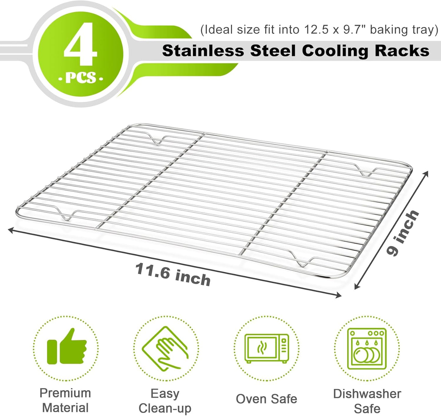 P&amp;P CHEF 4 Pcs Baking Wire Rack for Cooling, 11.6 Inch | Rectangle Cooling Racks for Cooking and Roasting, Fit for Oven Pan, Healthy &amp; Non-Toxic, Rust Free &amp; Dishwasher Safe