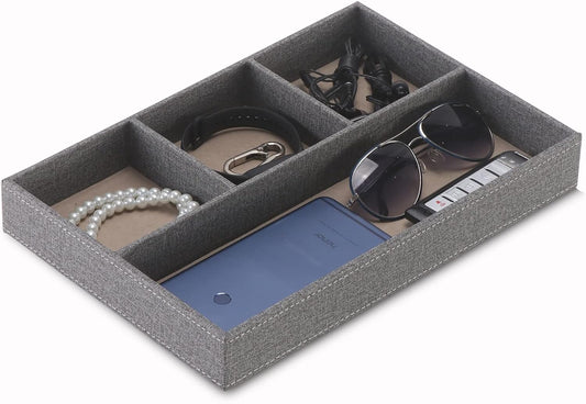 Desktop Storage Organizer, Bedside Table or Storage rack Leather Tray, Valet Tray, Dresser Organizer, 4 Compartments,PU