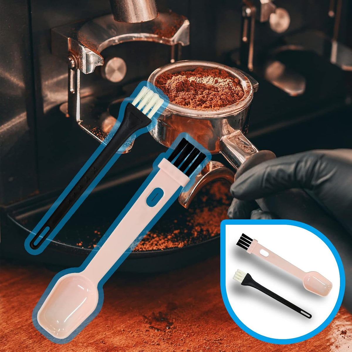 7 Pcs Coffee Machine Cleaning Brush, Espresso Machine Brush with Detachable Head, Wooden Plastic Brush with Bristles for Grinder, Plastic Spoon with Brush &amp; 2Pcs Espresso Steam Wand Brushes