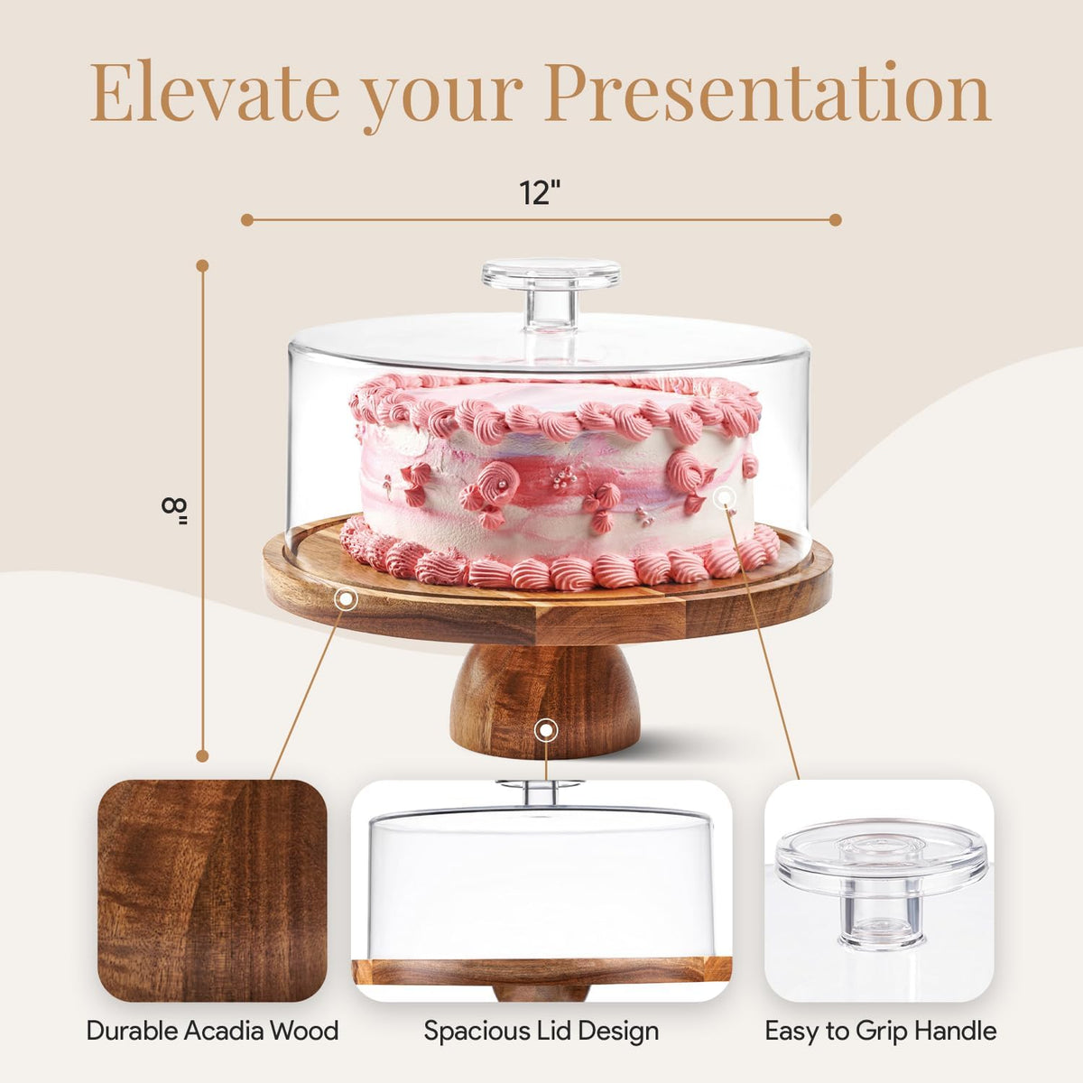 Acacia Wood Cake Stand with Lid - Multifunctional 12 In Round Cake Holder, Dessert Table Display Set & Charcuterie Board for Cheese, Chips, Fruit Platter, Acrylic Cake Dome Cover, No Glass