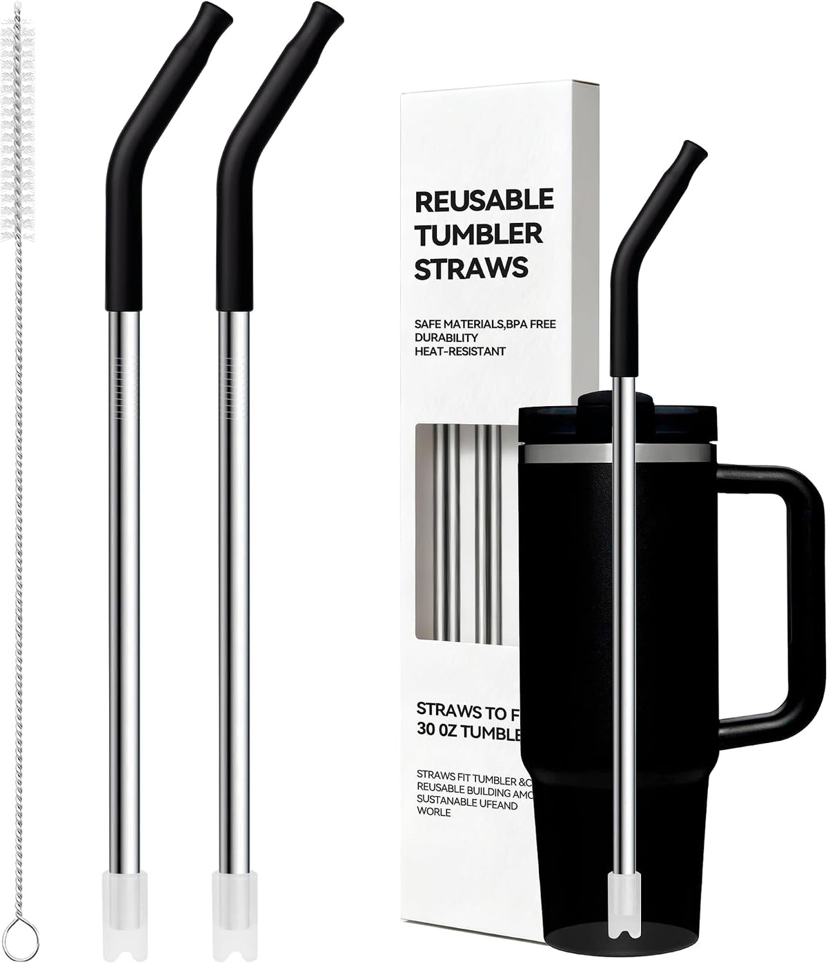 Metal Straw Reusable for Stanley 30 OZ Tumbler,11″ Long Stainless Steel Drinking Straws with Black Silicone Tip for STANLEY Quencher 30 oz Cups, 1 Straw Brush, 100% BPA Free Dishwasher Safe(Black)
