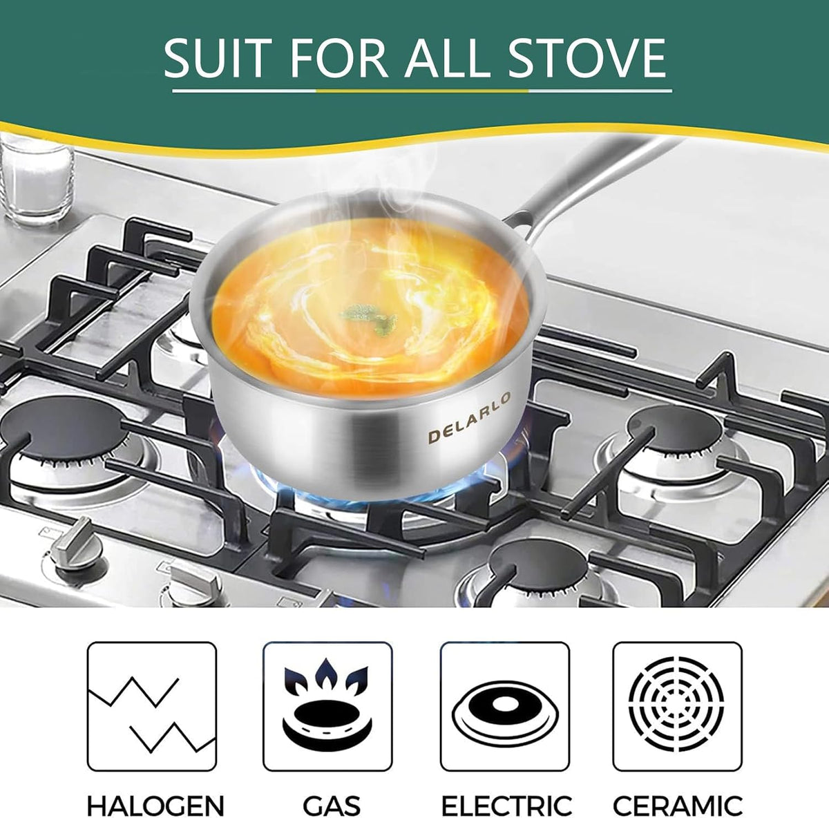 DELARLO Full-body Clad Tri-ply Stainless Steel 1.5 Quart Saucepan with Lid