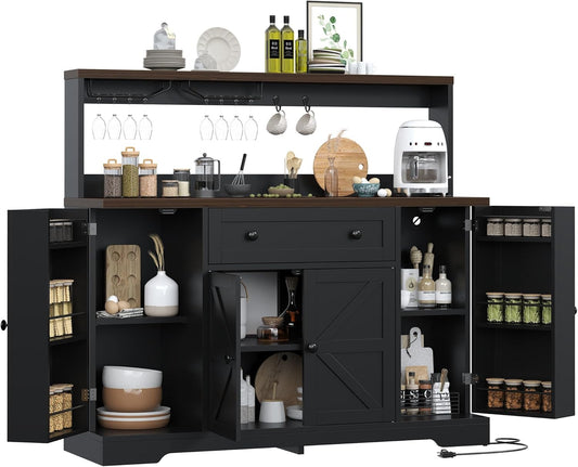 Hutch Storage Buffet Cabinet with Drawers, and Charging Station, Coffee Bar Cabinet with Barn Doors, Wine Rack and Hooks,