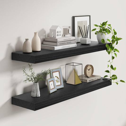 9.3 Inch Deep Floating Shelves, Black Solid Wood Floating Shelf Wall Mounted, 36 x 9 Large Display & Storage Shelves for
