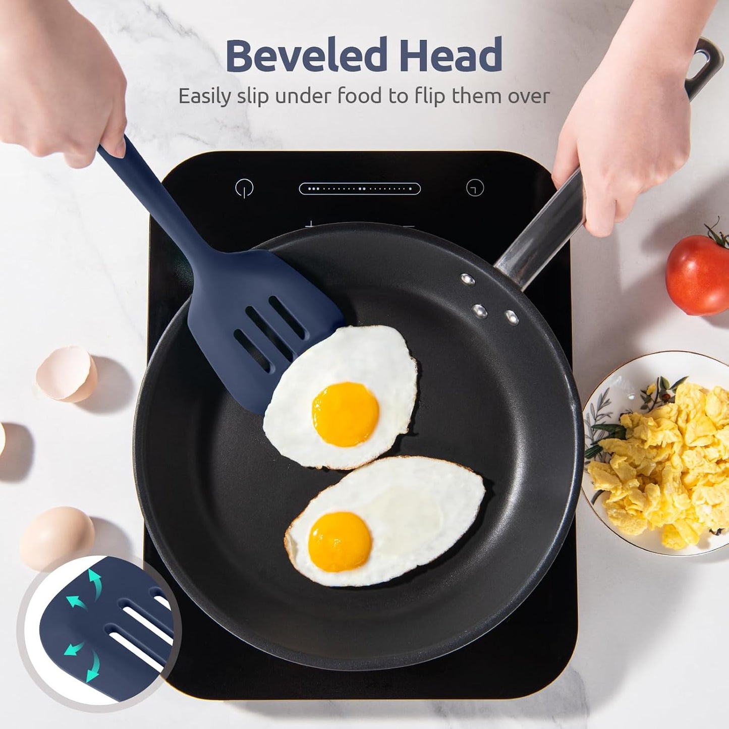 U-Taste Silicone Turner Spatula Set of 2, 13.6"Long/3.7"Wide, Midnight Blue | 600ºF Heat Resistant Food Grade Silicone Cooking Utensils Set, Wide Large Solid &amp; Slotted Turner Pancake Egg Flipper
