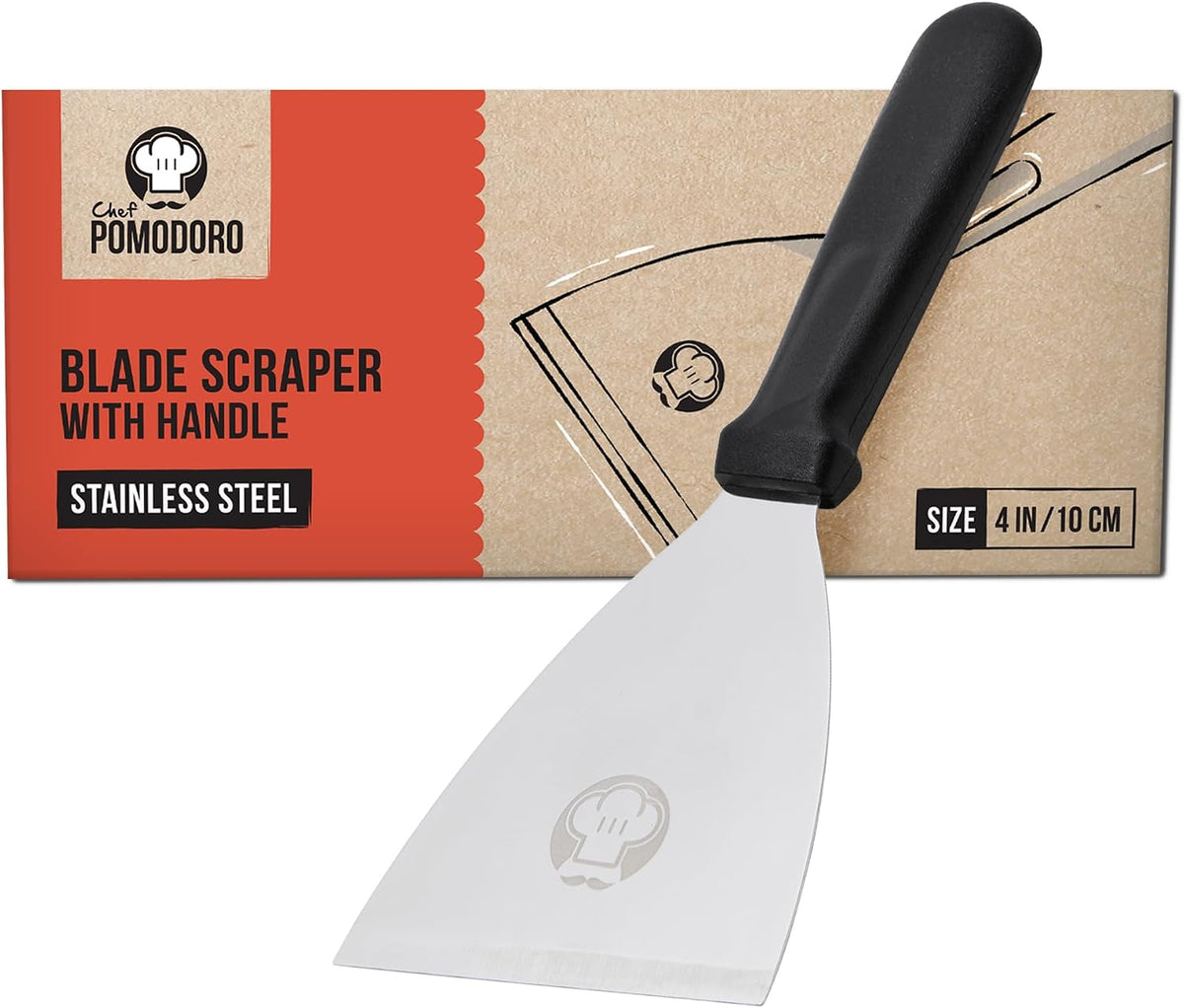 Chef Pomodoro Stainless Steel Bench Scraper, Pizza Dough Cutter, 4 inch | Non-Slip Grip, Cuts Dough, Portions Bread, Chops Veggies, Rust-Resistant, Dishwasher Safe, Metric &amp; Imperial Measurements