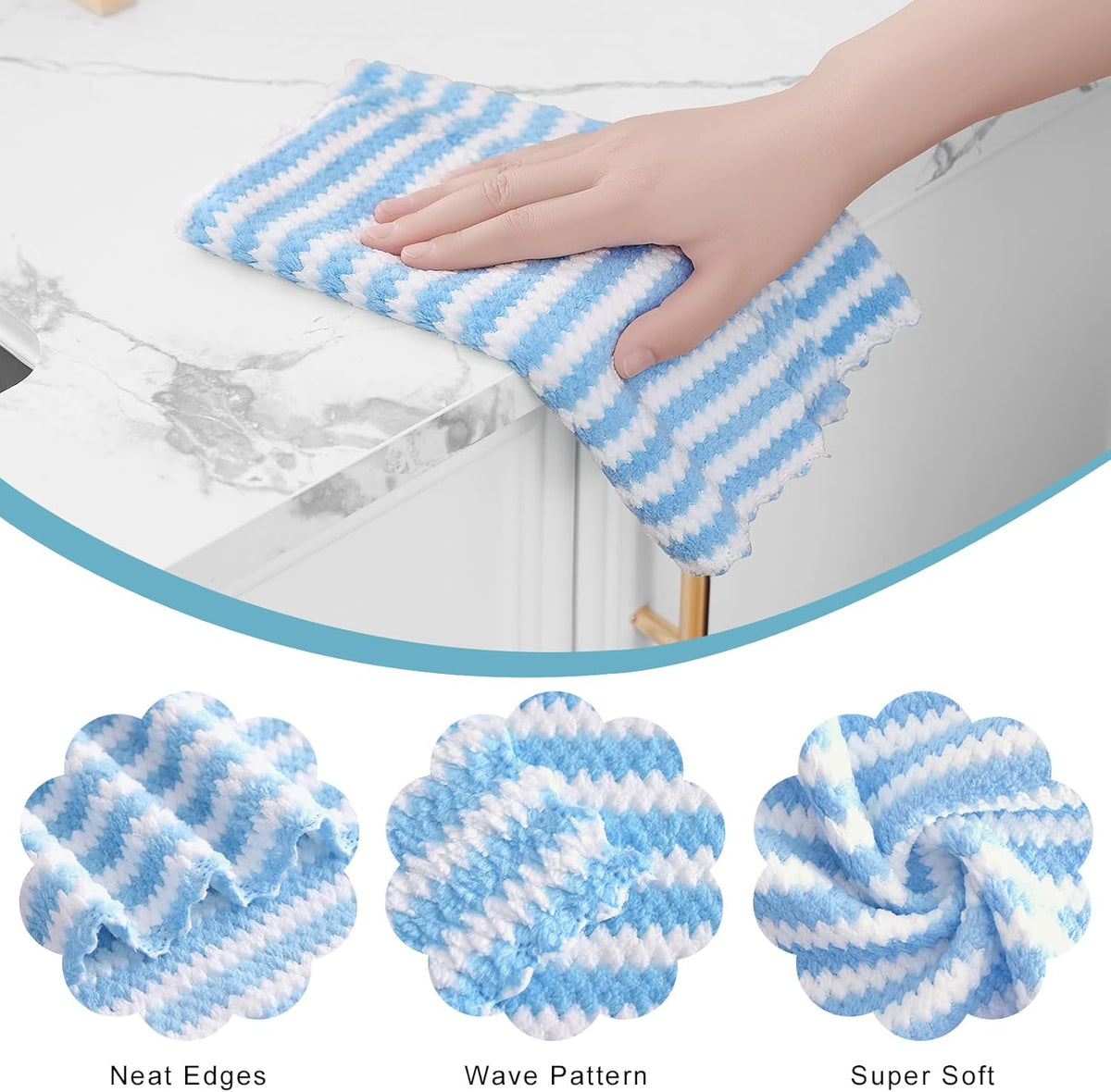 Homaxy Kitchen Towels(12 Pack, 10 x 20 inches), Ultra Soft and Absorbent Dish Towels, Reusable Fast Drying Microfiber Cleaning Cloth, Coral Velvet Wave Design No-lint, Blue