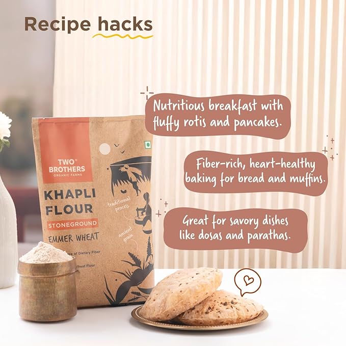 Two Brothers Organic Farms - Khapli Wheat Flour (5kg) | Low-Gluten Wheat Flour | High Dietary Fiber for Easy Digestion | Stoneground Emmer | Khapli Atta | Organic Atta (Pack of 1 kg x 5)