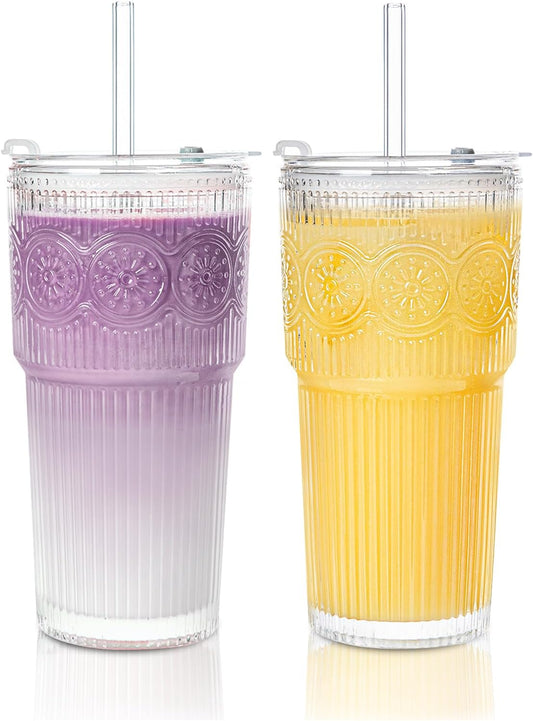20oz Ribbed & Floral Glass Tumbler Set of 2 – Reusable Glass Cups with Lid and Glass Straw, To-Go Iced Coffee Cups for