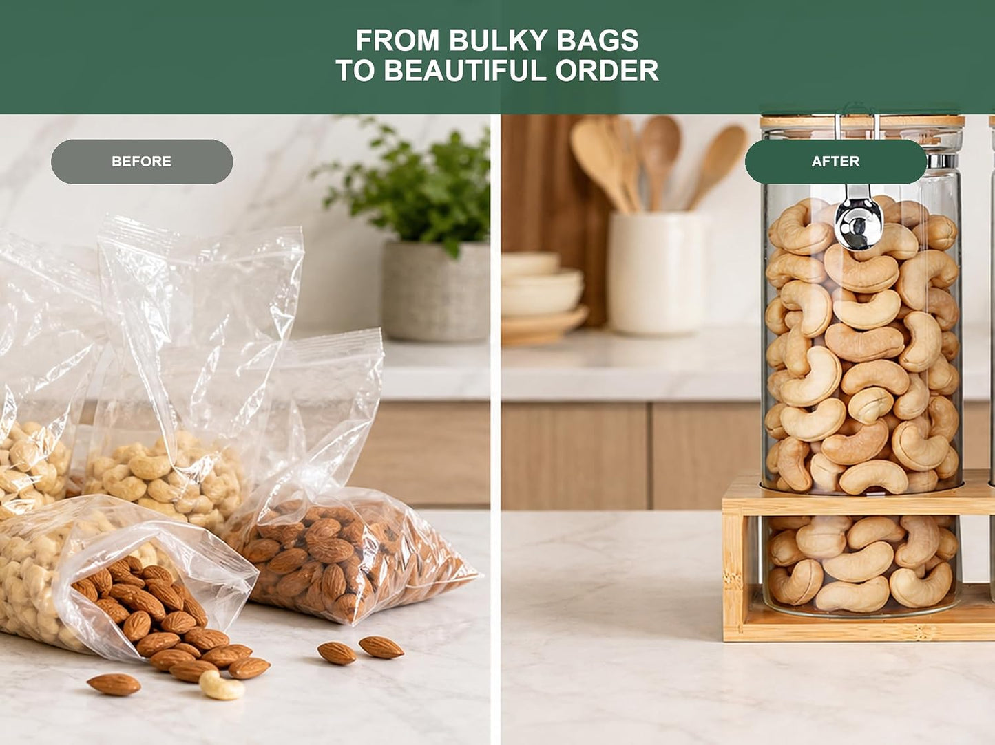 KKC Nut Storage Containers with and Scoops, 2 Pack (50 oz / 1.5L) - Glass Nut Jars with Bamboo Lids, Kitchen Counter Nut Storage for Almonds Cashews Walnuts