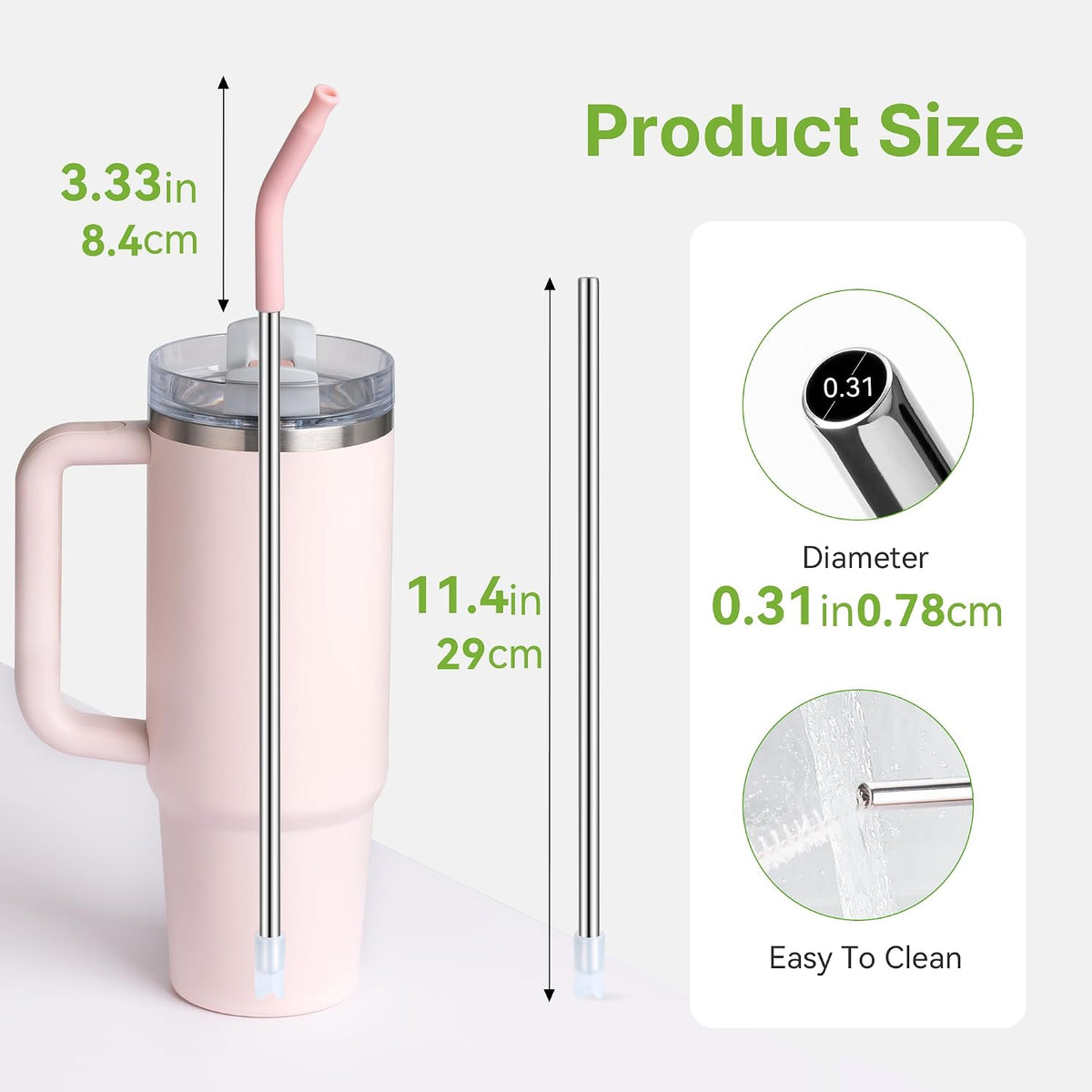Metal Straw Reusable for Stanley 30 OZ Tumbler,11″ Long Stainless Steel Drinking Straws with Black Silicone Tip for STANLEY Quencher 30 oz Cups, 1 Straw Brush, 100% BPA Free Dishwasher Safe(Black)