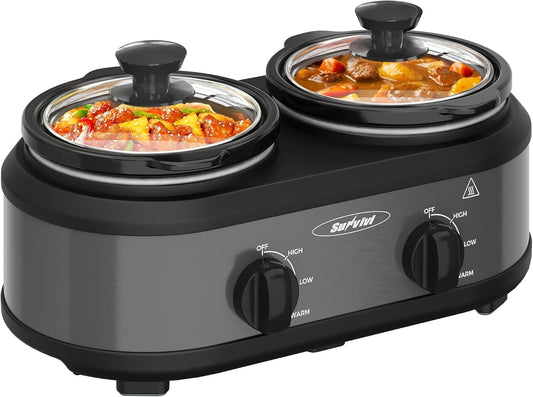 Sunvivi Dual Pot Slow Cooker, 2 Pot Small Mini Crock Buffet Server and Warmer, Buffet Food Warmer Adjustable Temp Glass Lid, Total 2.5 Quarts