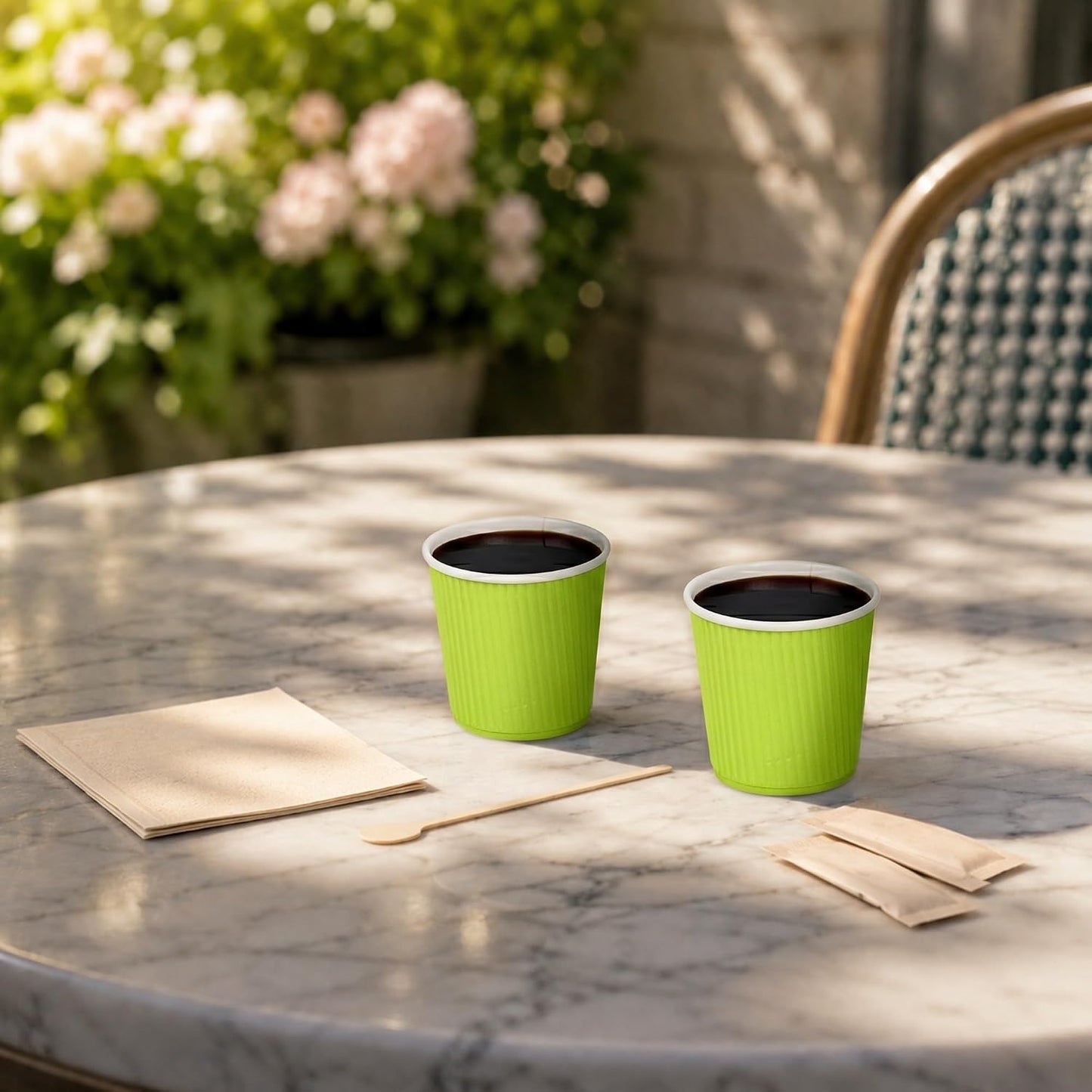 Restaurantware Ripple Wall Coffee Cups 500 Count 4 Ounce Insulated Eco Green Paper Cups, Rolled Rim Spill-Resistant Disposable Paper Non-Slip for Coffee, Beverages