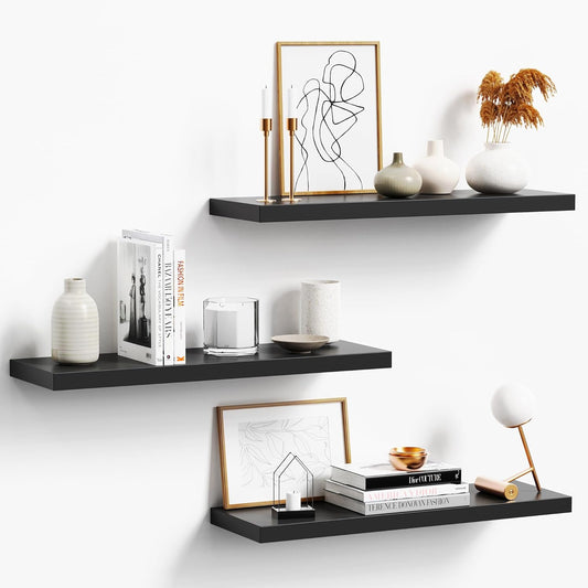 Floating Shelves - Black Wood Wall Shelf Set of 3, 24" Wall Mounted, Kitchen, Living Room, Bedroom, Bathroom Storage, Book