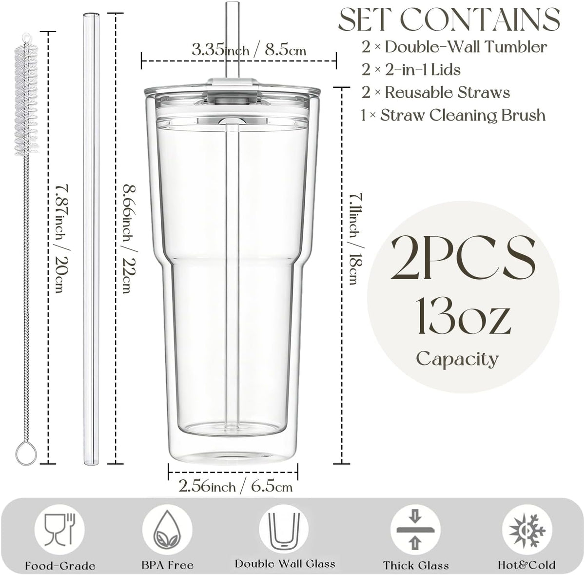 KEMORELA 2PCS 20oz Double Wall Glass Tumblers with Lids and Straws – Insulated Borosilicate Glass Matcha Cups for Iced Matcha Latte, Smoothies, Reusable Travel Glass Cups – Leak Proof 2-in-1 Lid