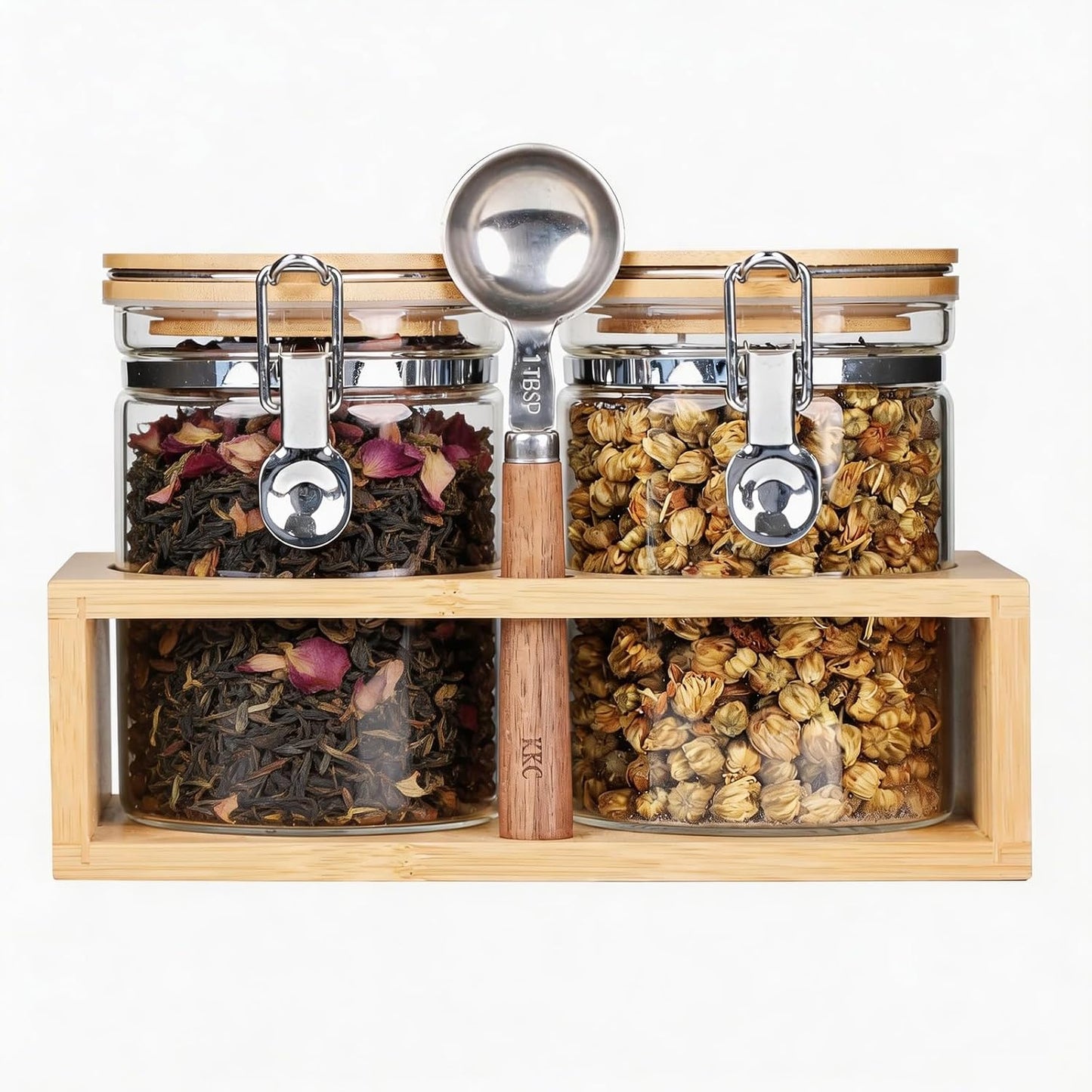 KKC HOME ACCENTS Glass Canisters Set with Bamboo Rack &amp; Spoon, 27oz 2 Pack
