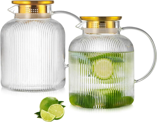 2 Liter 68 Ounces Glass Pitcher with Lid and Spout, Large Vertical Stripes Water Pitcher ribbed Borosilicate Glass Fridge