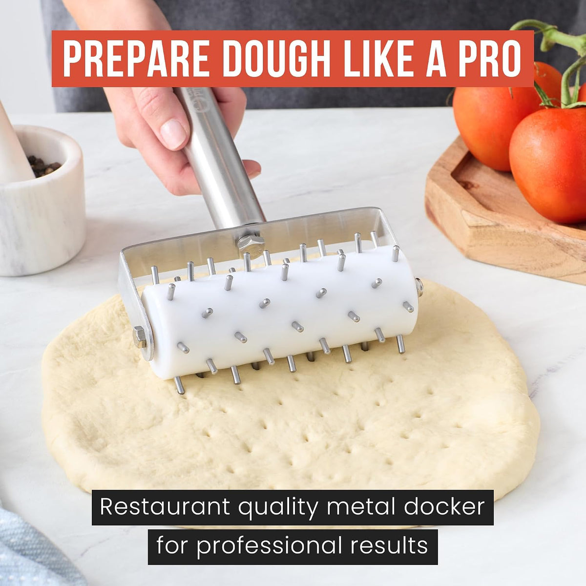 Chef Pomodoro Dough Docker, Pizza Roller, Pizza Dough Roller 7mm Spikes | Ergonomic Handle,Rust-Resistant Pizza Dough Docker Roller with Precision Pizza Roller Spikes for Cracker and Pizza Dough