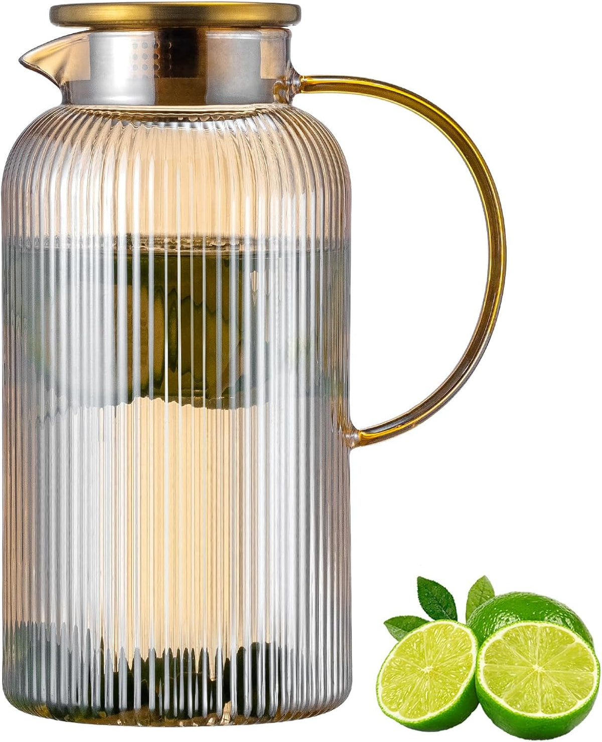 Buaic Glass Pitcher with Lid, 68 oz/ 2L Amber Glass Water Pitcher | Classic Vertical Stripes Glass Water Jug with Handle,Glass Water Carafe for Cold Brew, Coffee,Iced Sun Tea,Beverage,Cold/Hot
