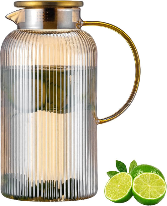Buaic Glass Pitcher with Lid, 68 oz/ 2L Amber Glass Water Pitcher | Classic Vertical Stripes Glass Water Jug with Handle,Glass Water Carafe for Cold Brew, Coffee,Iced Sun Tea,Beverage,Cold/Hot