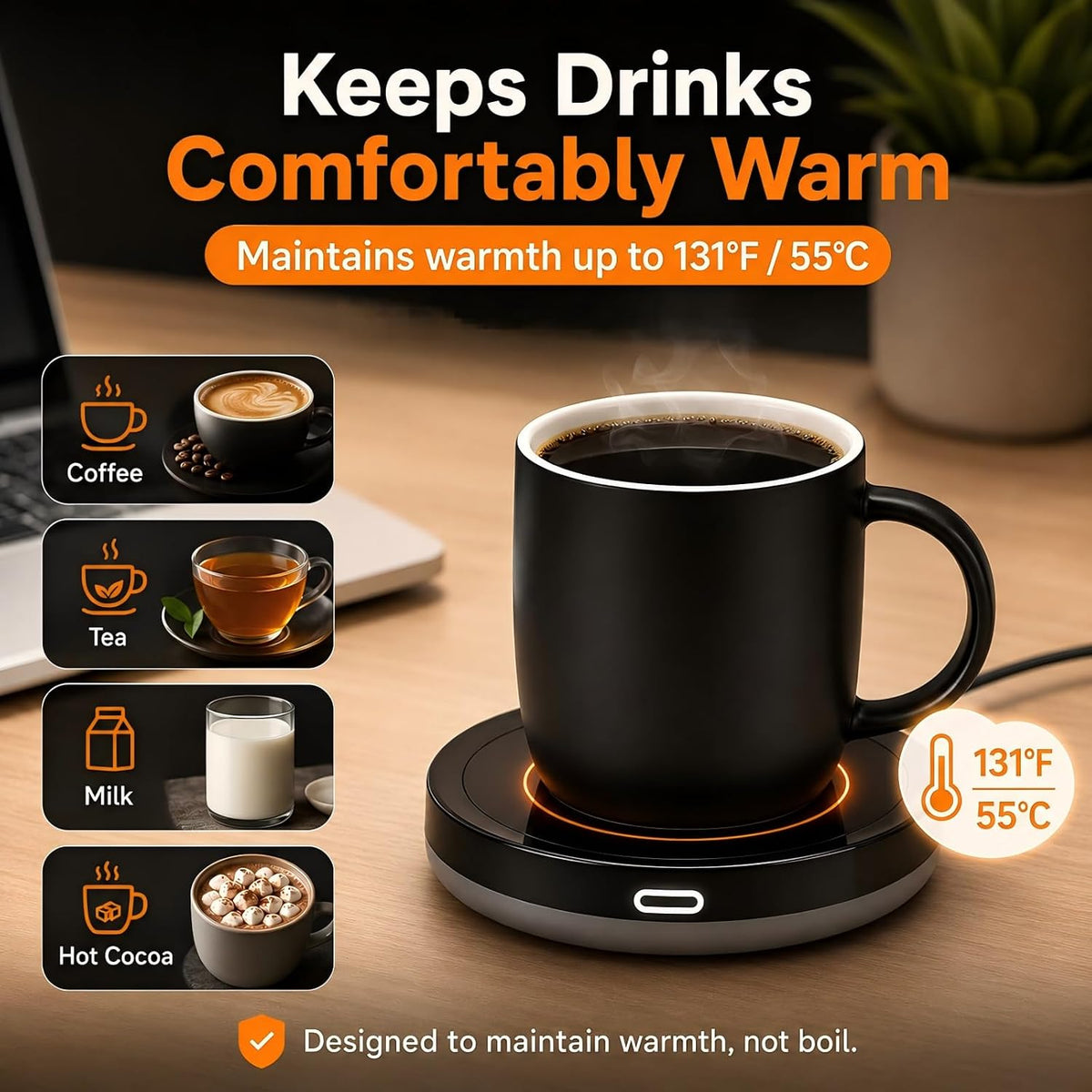 Smart Coffee Warmer, BESTINNKITS Auto On/Off Gravity-Induction Mug Warmer for Office Desk Use, Candle Wax Cup Warmer Heating Plate (Up to 131F/55C) (Black)