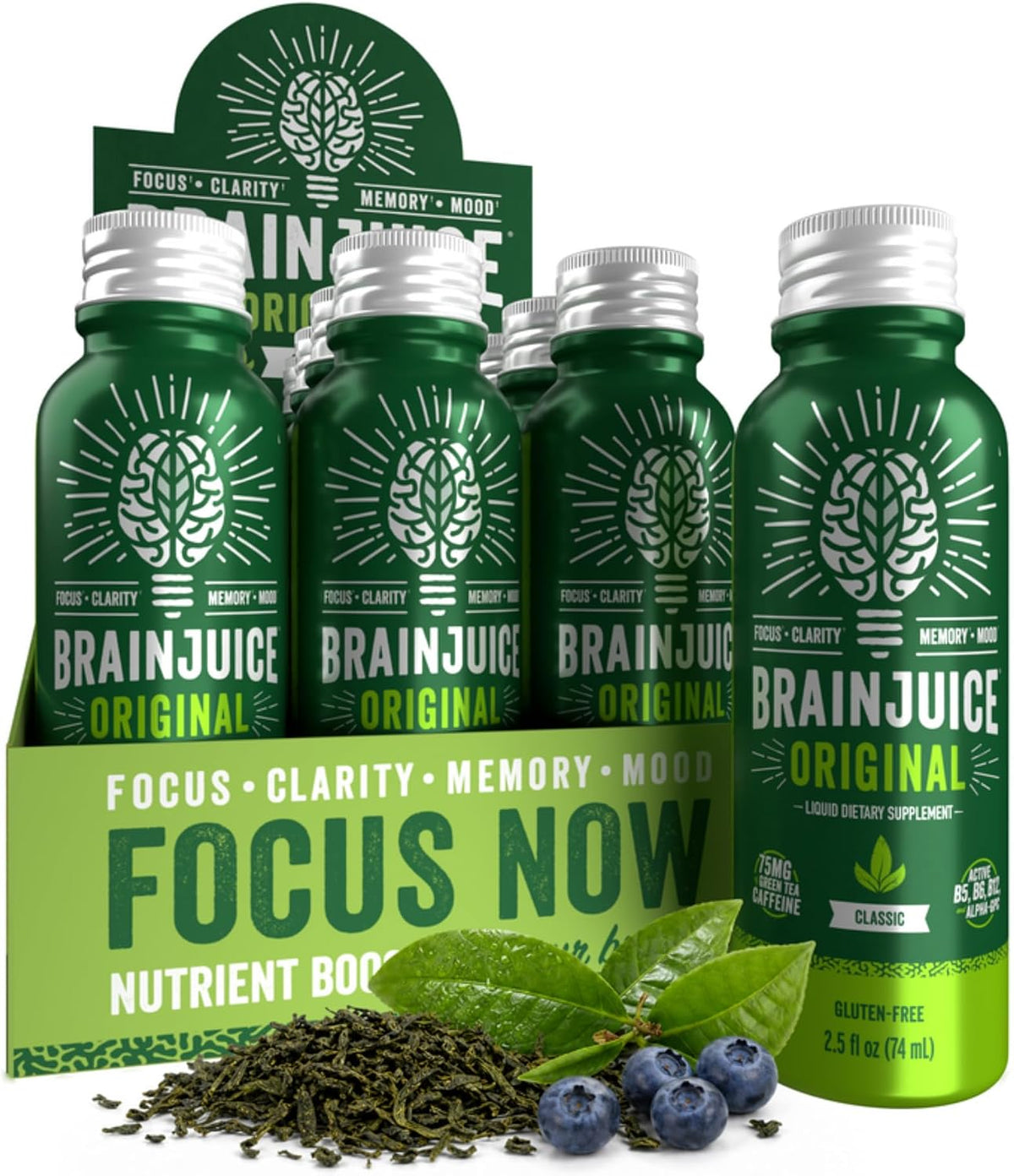 BrainJuice Classic Green Tea Nootropic Supplement Shot, 2.5 fl oz, 12 Pack