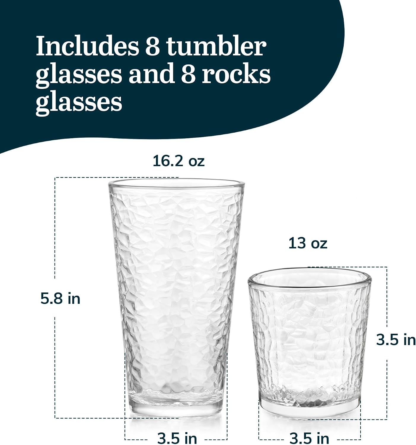 Libbey Yucatan Textured Tumbler &amp; Rocks Drinking Glasses Set of 16 | Jumbo Margarita Glass Cups with 16.2 oz and 13 oz Capacities for Frozen Cocktails, Mocktails &amp; Entertaining