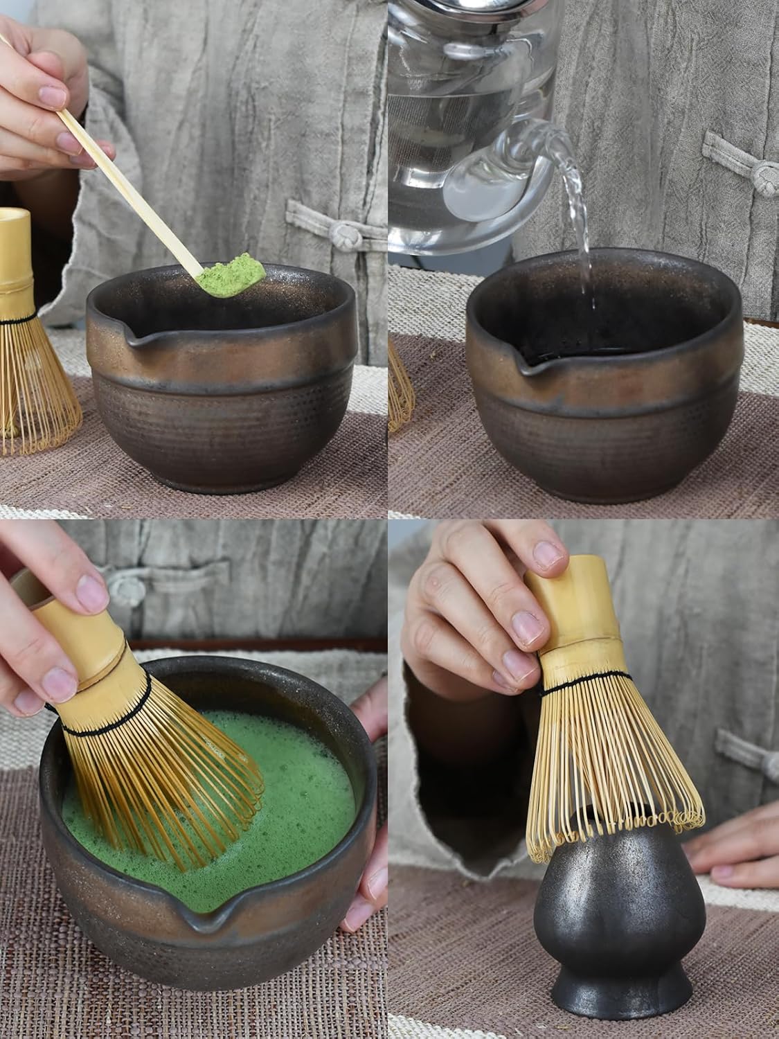 Artcome Luxury Matcha Tea Set – 4-Piece Japanese Matcha Kit with Black Rustic Glazed Bowl & Spout, Bamboo Whisk, Holder, Scoop & Manual