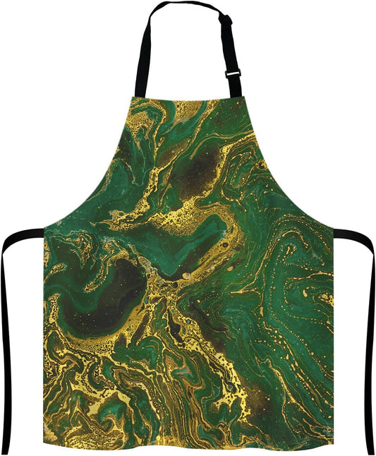 Watercolor Gold Marble Abstract Mineral Green Golden Waves Pattern Adjustable Bib Apron Kitchen Cooking Baking Gardening
