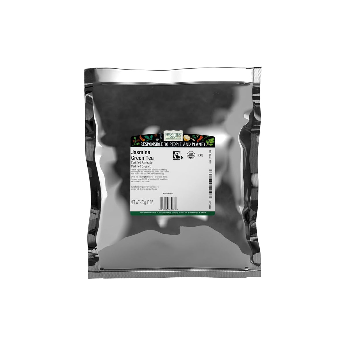Frontier Co-op Organic Fairtrade Jasmine Green Tea, All Natural Loose Leaf Tea Leaves, Kosher | 16 Ounce (Pack of 1)