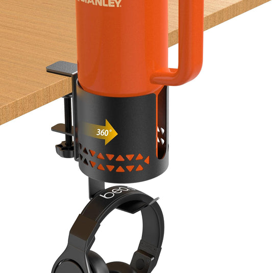 Desk Cup Holder Metal & Headphone Hanger 360° Rotating PC Gaming Desk Accessories Anti-Spill Table Cup Holder Clamp on Chair