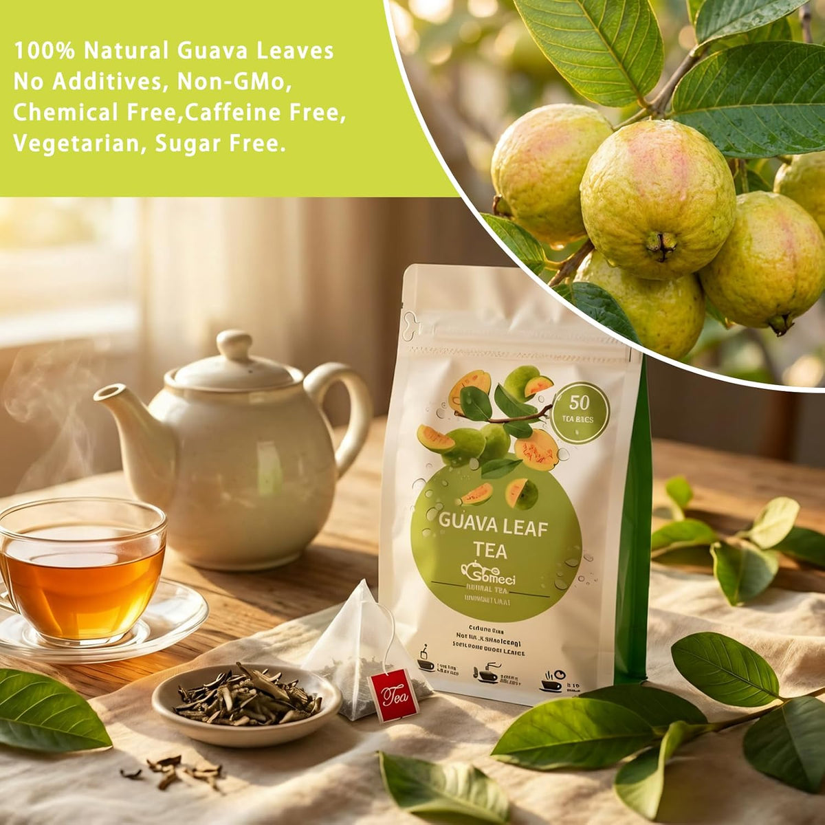 Samcci Guava Leaves Tea Bags, 50 Counts, Hojas De Guayaba, Pure Guava Leaf | Immune Support - Digestion &amp; Relaxation - Non-GMO - Caffeine-free, Resealable Pouch
