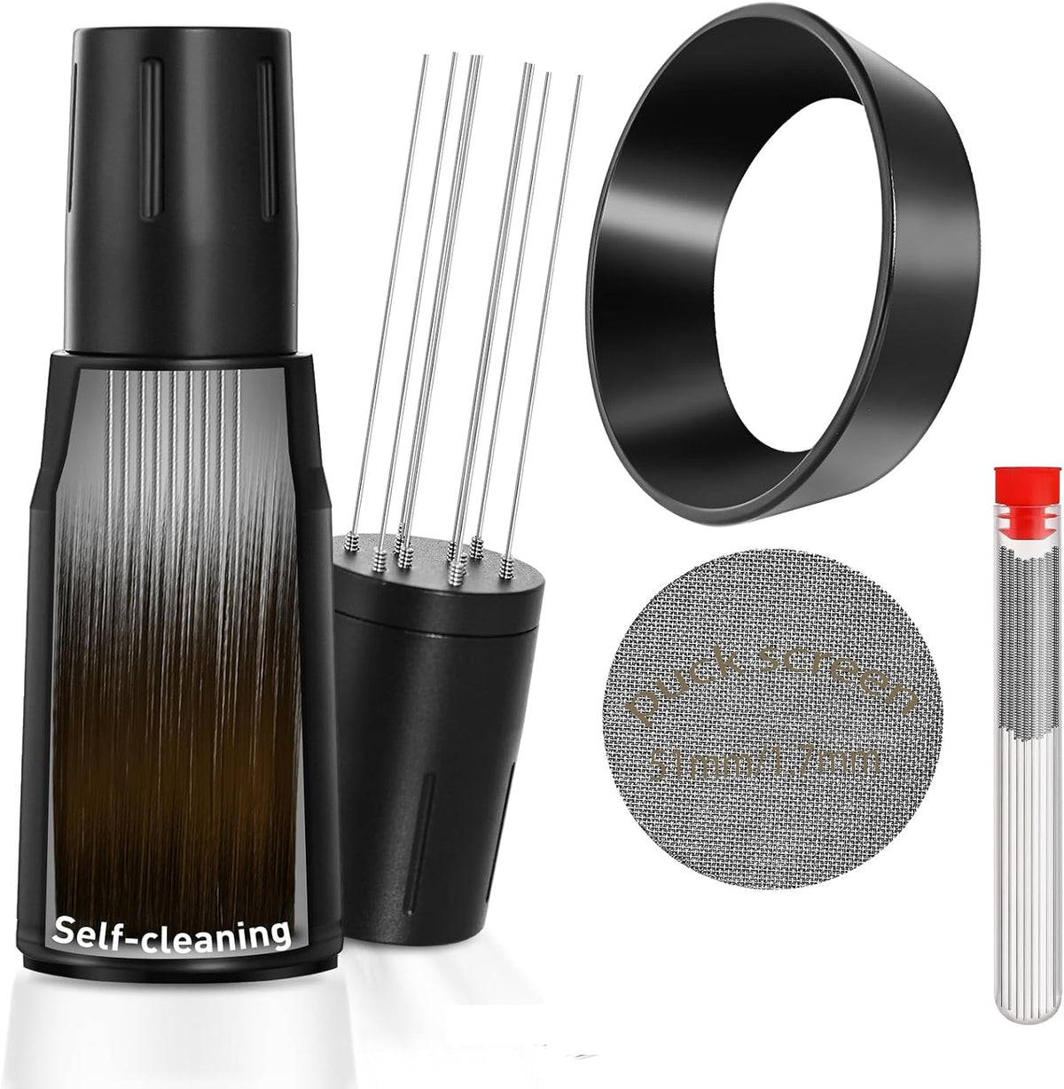 WDT Tool Espresso Distributor Accessory kit &amp;1.7mm Thickness 150μm Mesh Puck Screen &amp; 8 Magnets dosing ring Compatible with Portafilter (WDT +51MM Black dosing ring&amp;puck screen)