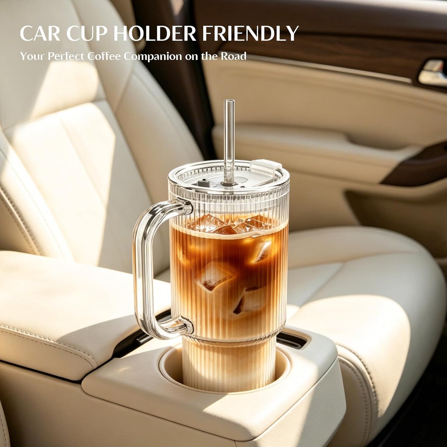 INSETLAN 24 oz Ribbed Glass Tumbler with Handle, 2-Pack Iced Coffee Cups | Modern Glass Cups with Lids and Straws for Cold &amp; Hot Beverages, Aesthetic Travel Cup for Smoothies, Tea, and Juice