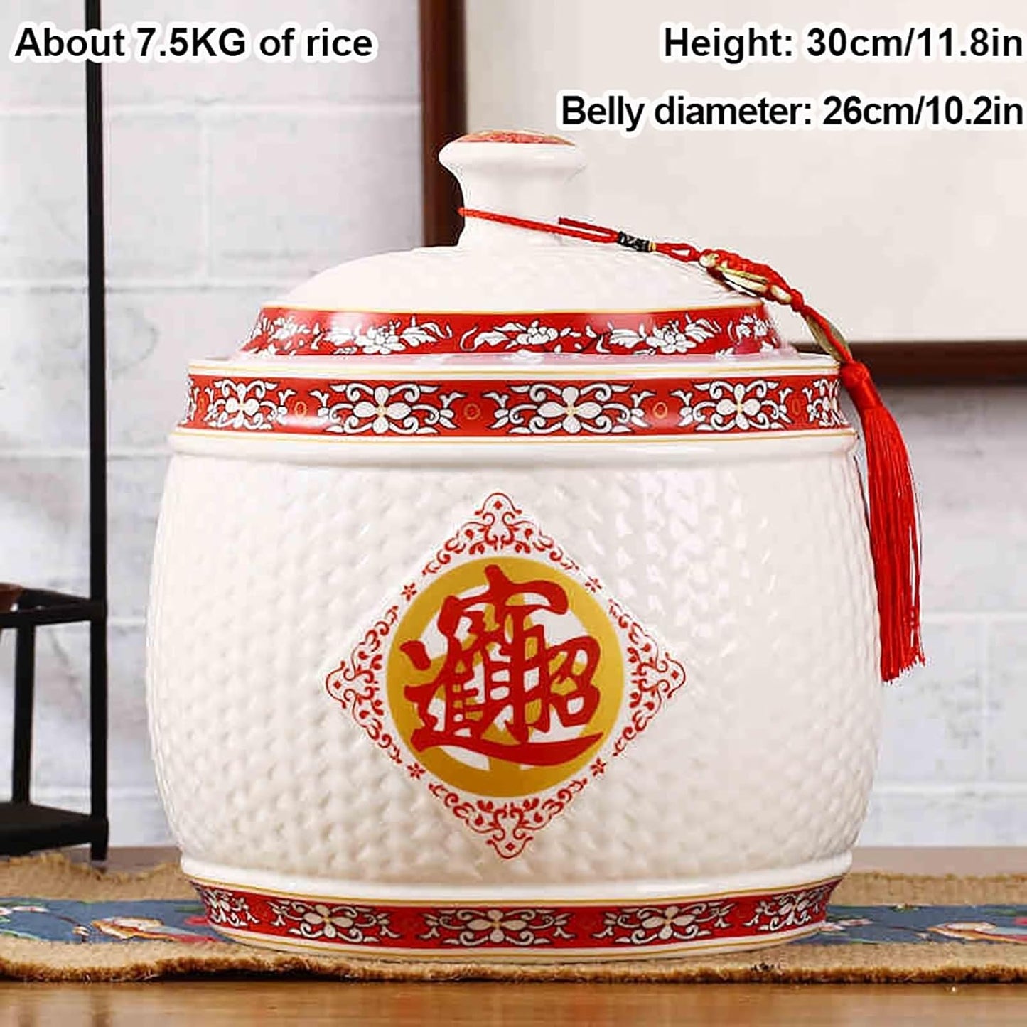Chinese Sealed Large-Capacity Rice Pot, Ceramic Rice Bucket With Tassel Design, Grain Storage Ceramic Container