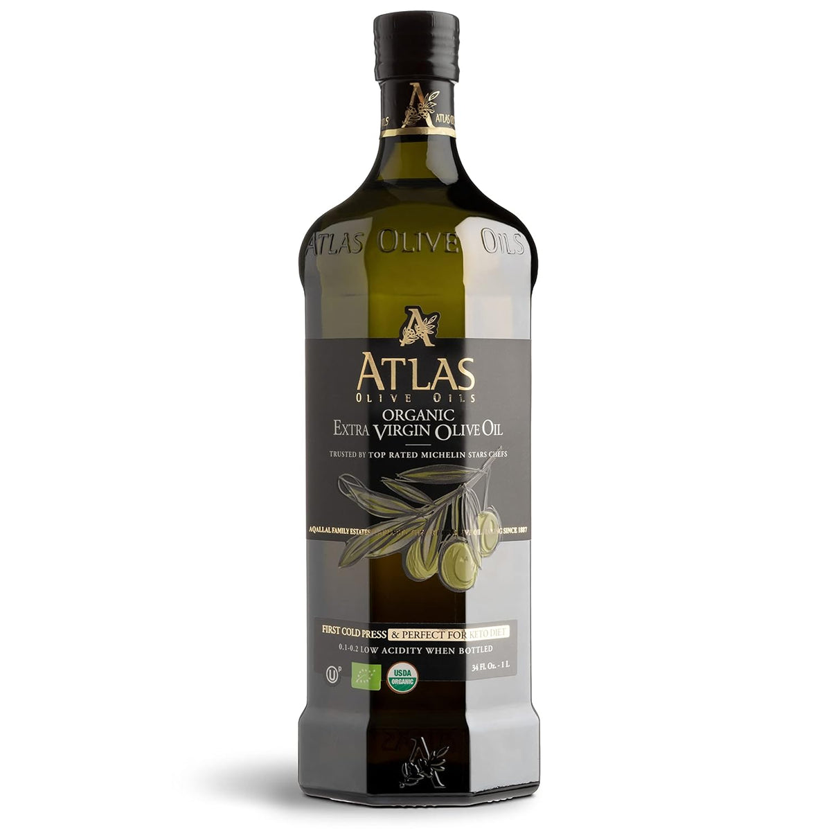 Atlas Organic Extra Virgin Olive Oil, Moroccan, High Polyphenol, 1 L | Cold Pressed EVOO With High Smoke Point, Trusted By Award-Winning Chefs, One Family Farm, Polyphenol-Rich &amp; Smooth Finish