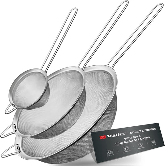 Walfos Fine Mesh Strainer Set of 3, Stainless Steel Wire Strainers for Kitchen, Multipurpose Metal Fine Sieve with Handle,