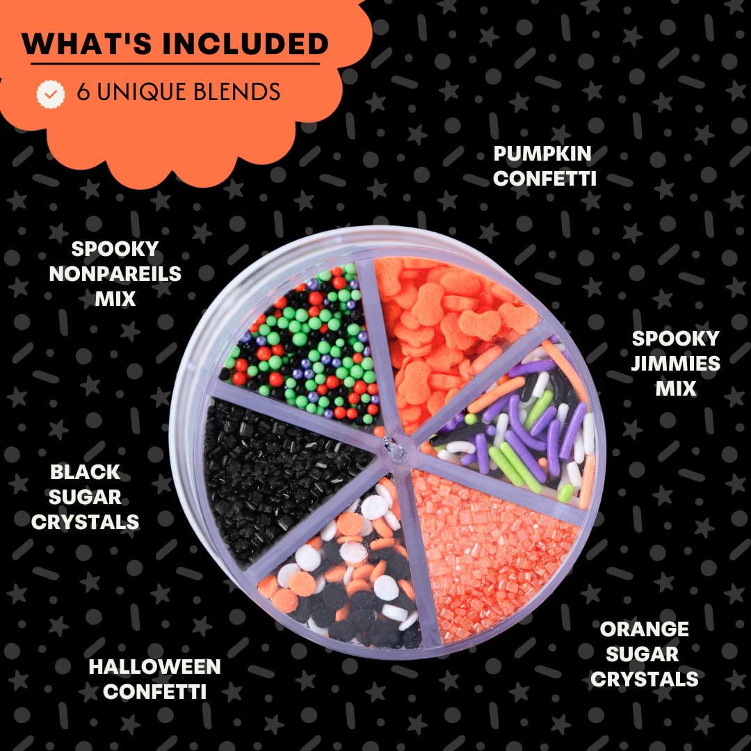 Sweets Indeed Halloween 6-Cell Sprinkle Jar – 6 Variety Sprinkle Compartments | Edible Cake Decorations for Cupcakes, Cookies, Cakes &amp; Desserts | 6.45 oz