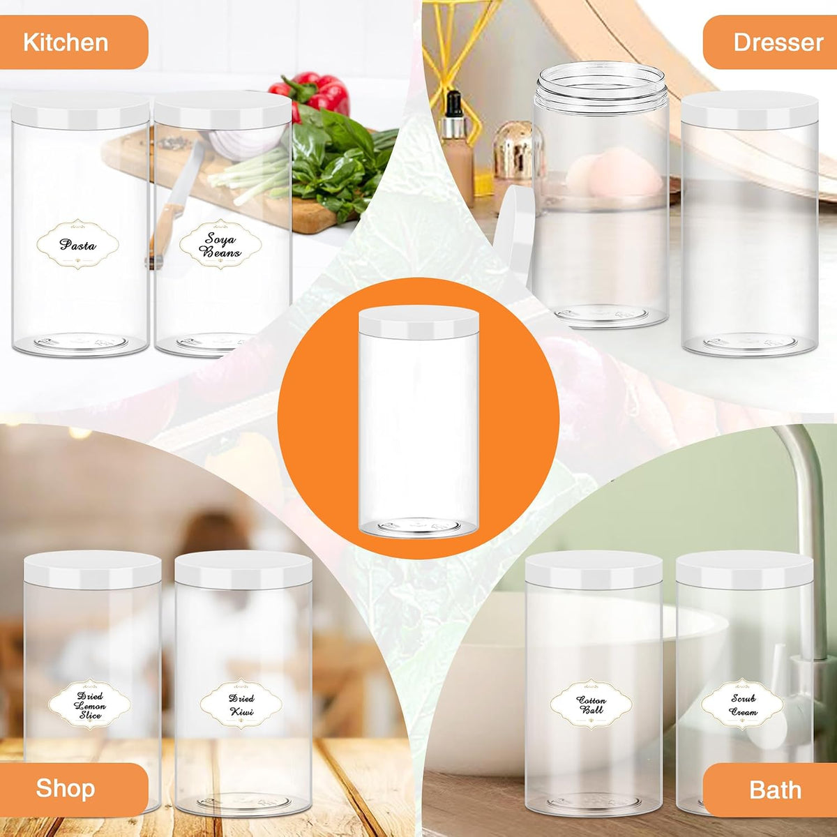 PeacePeo 32 OZ Plastic Jars with Lids, 16 Pack Large Storage Containe