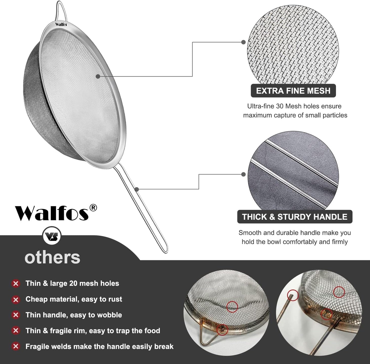 Walfos 8.6 Inch Large Fine Mesh Strainer, Kitchen Metal Food Strainers with Sturdy Handle, Stainless Steel 30 Mesh Sieve Sifters for Rice, Quinoa, Pasta, Fruits, Vegetables, etc.