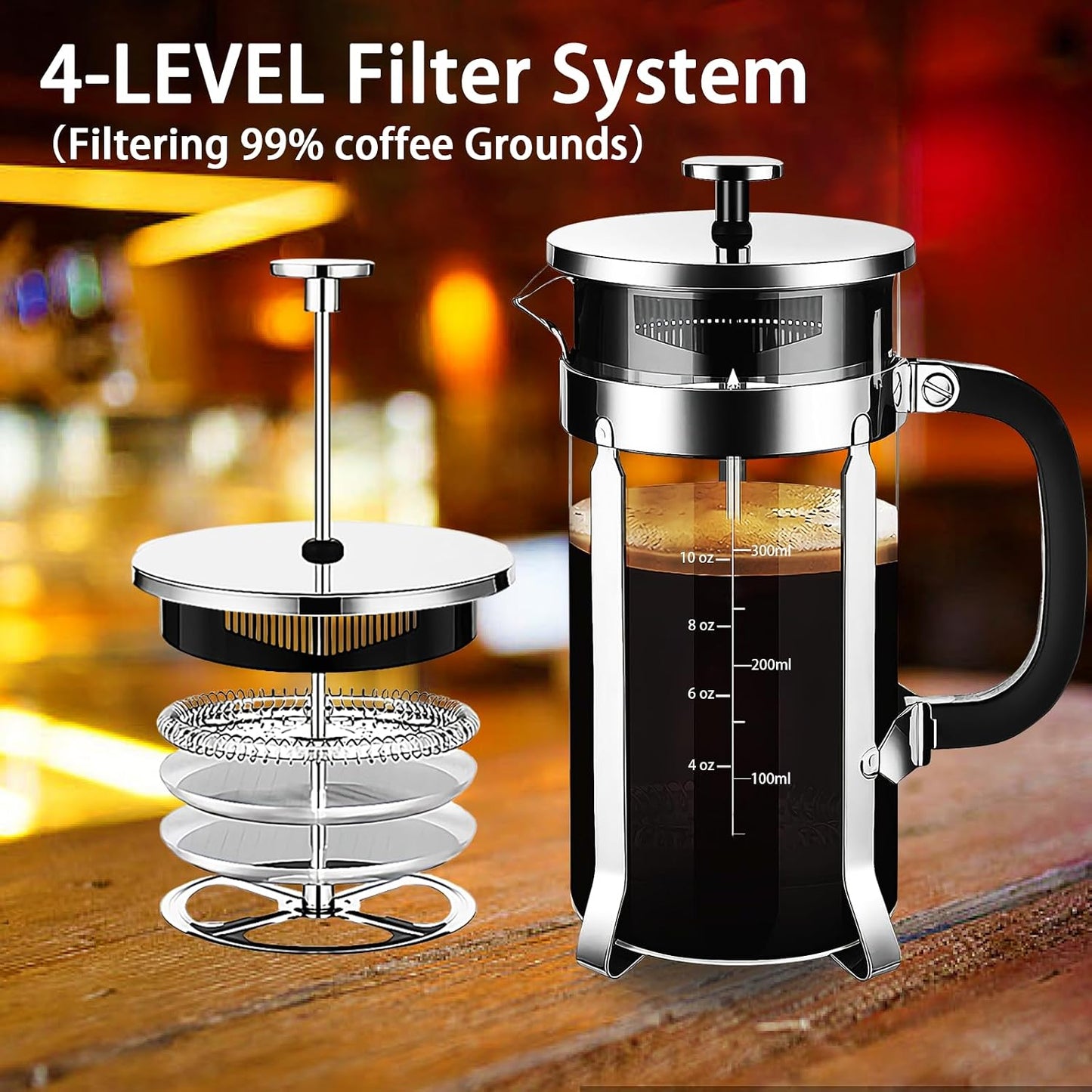 YMMIND French Press Coffee Maker 304 Stainless Steel Coffee Press,with 4 Filters System, Heat Resistant Thickness Borosilicate French Press Glass, BPA-Free Brewed Tea Pot Coffee Plunger(Copper 12oz)