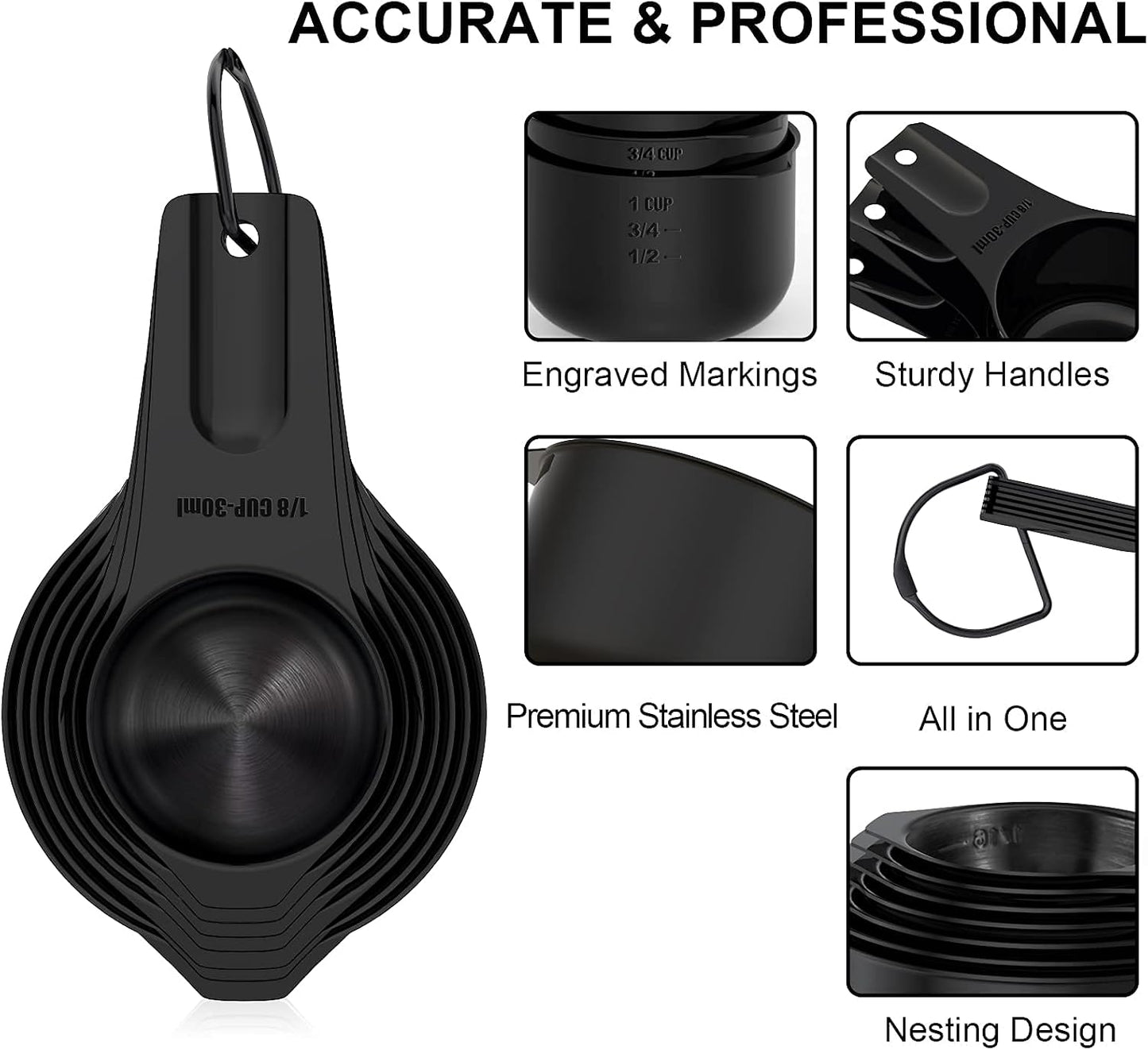 21 Pcs Stainless Steel Measuring Cups and Spoons Set, Wildone Stackable Metal Measuring Cups and Spoons for Cooking &amp; Baking, Includes 7 Cups, 9 Spoons and 5 Mini Spoons（Black）
