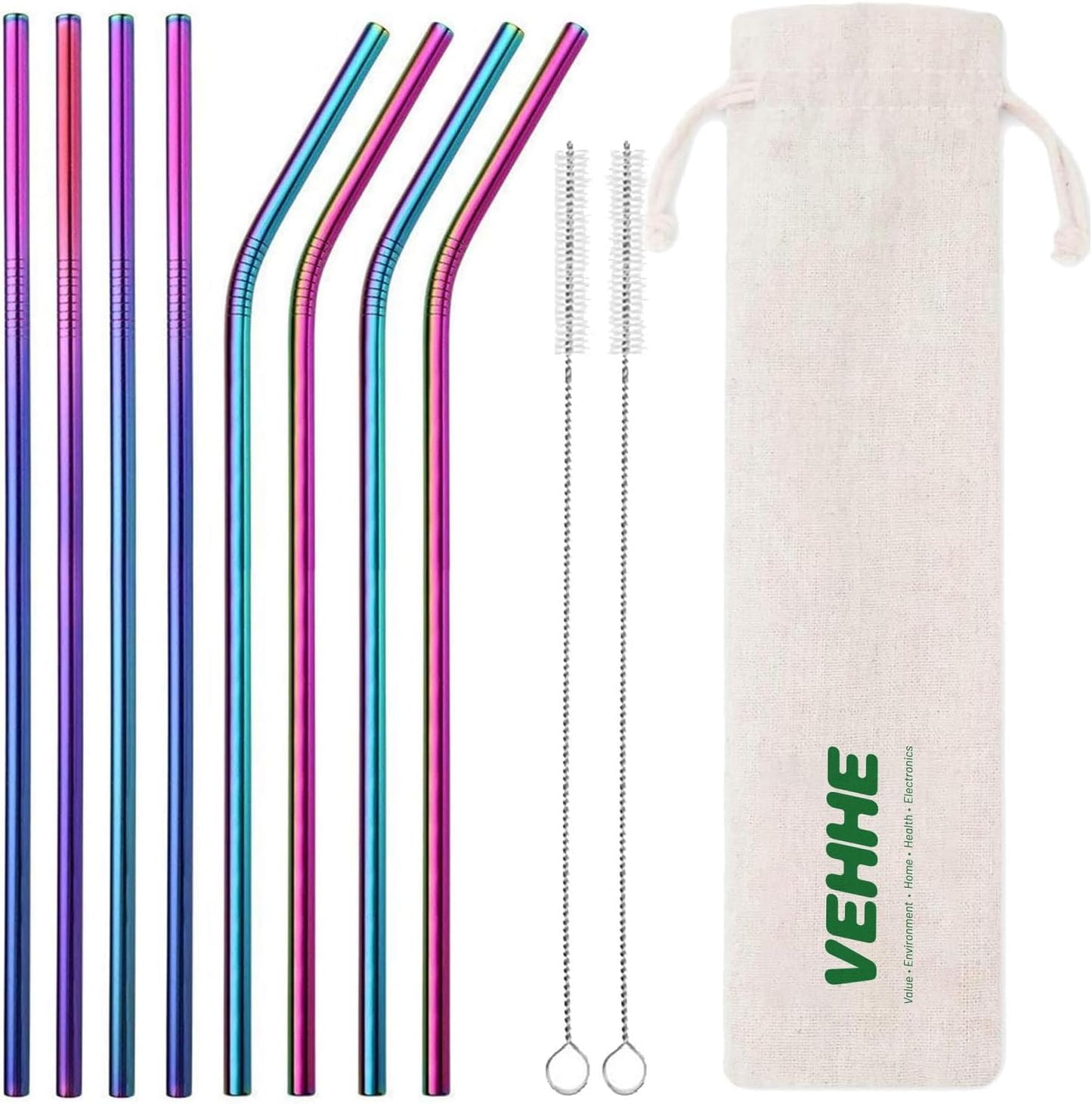 VEHHE 8 Pack Rainbow Metal Straws, Reusable Stainless Steel Straws 20/30 oz